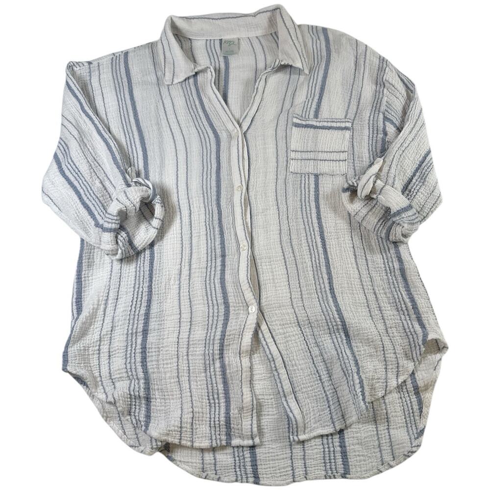 Kona Sol Blue Stripe Cozy Cotton Gauze Button Up Tunic L Boho Beach Resort Swim